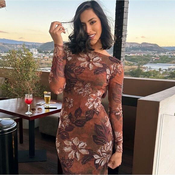 NWT ZARA PRINTED TULLEβDRESS Brown Winter Floral - Picture 2 of 12